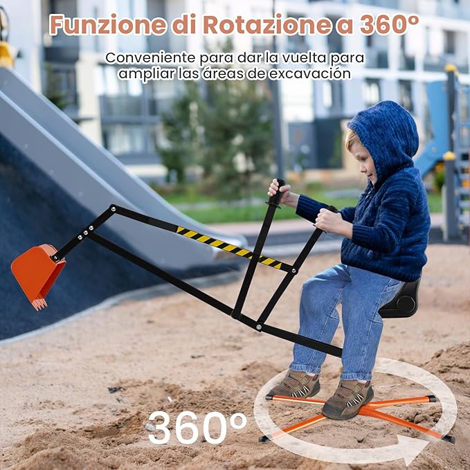 Ruspa Giocattolo per Bambini, Escavatore Cavalcabile con Controlli a 2 Mani e Pala Flessibile, Sedile Girevole a 360°, Regalo per Bambini 3 Anni+ (senza Ruote Arancia)
