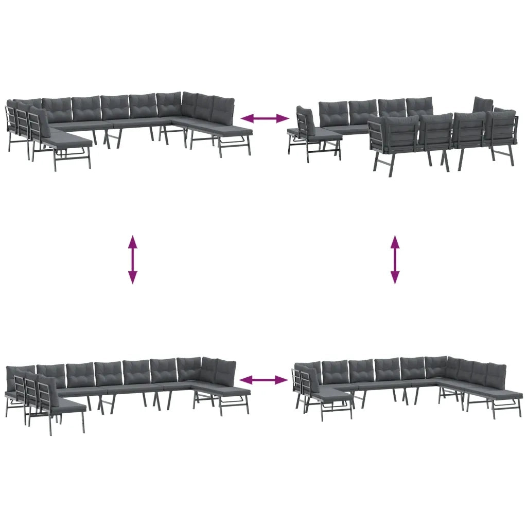 Set Panche Giardino Cuscini 7pz Nere Acciaio Verniciato Polvere