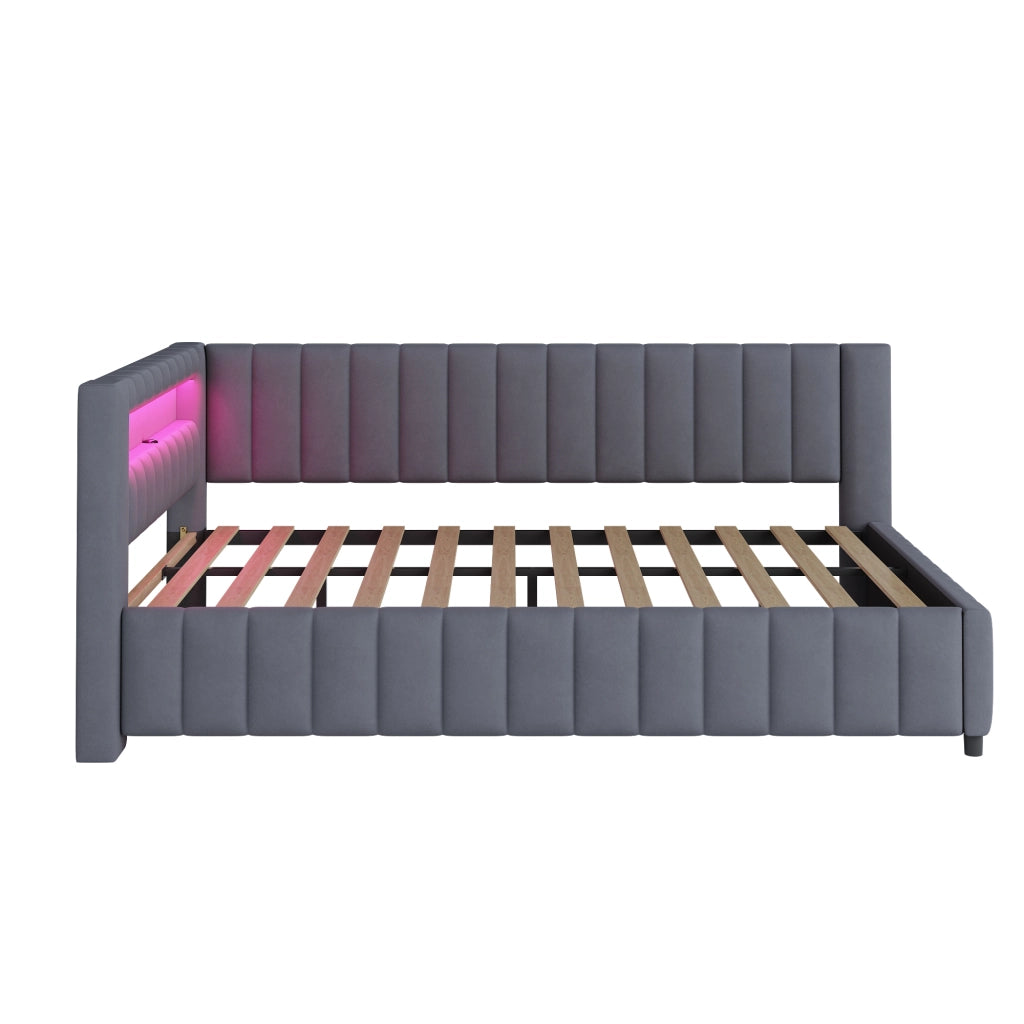 OKWISH Letto a Divano 140×200 cm, Letto Matrimoniale con LED Regolabile, USB e Schienale e Testiera, senza Materasso, Grigio