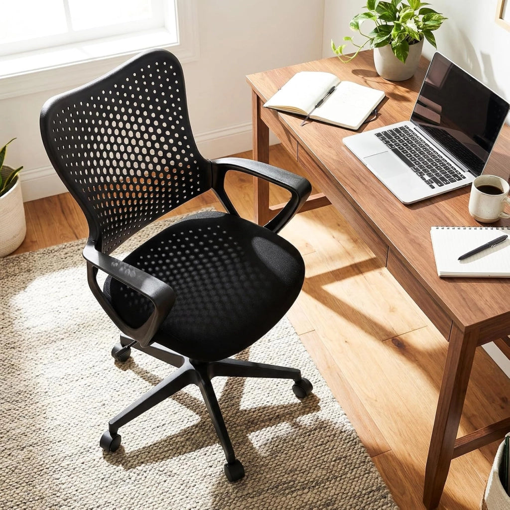 Sedia da Ufficio Ergonomica, con Schienale Reclinabile, Regolabile in Altezza, Sedia Scrivania con Seduta Girevole 360°e Ruote per Ufficio, Studio e Soggiorno, Portata 150 kg (Nero)