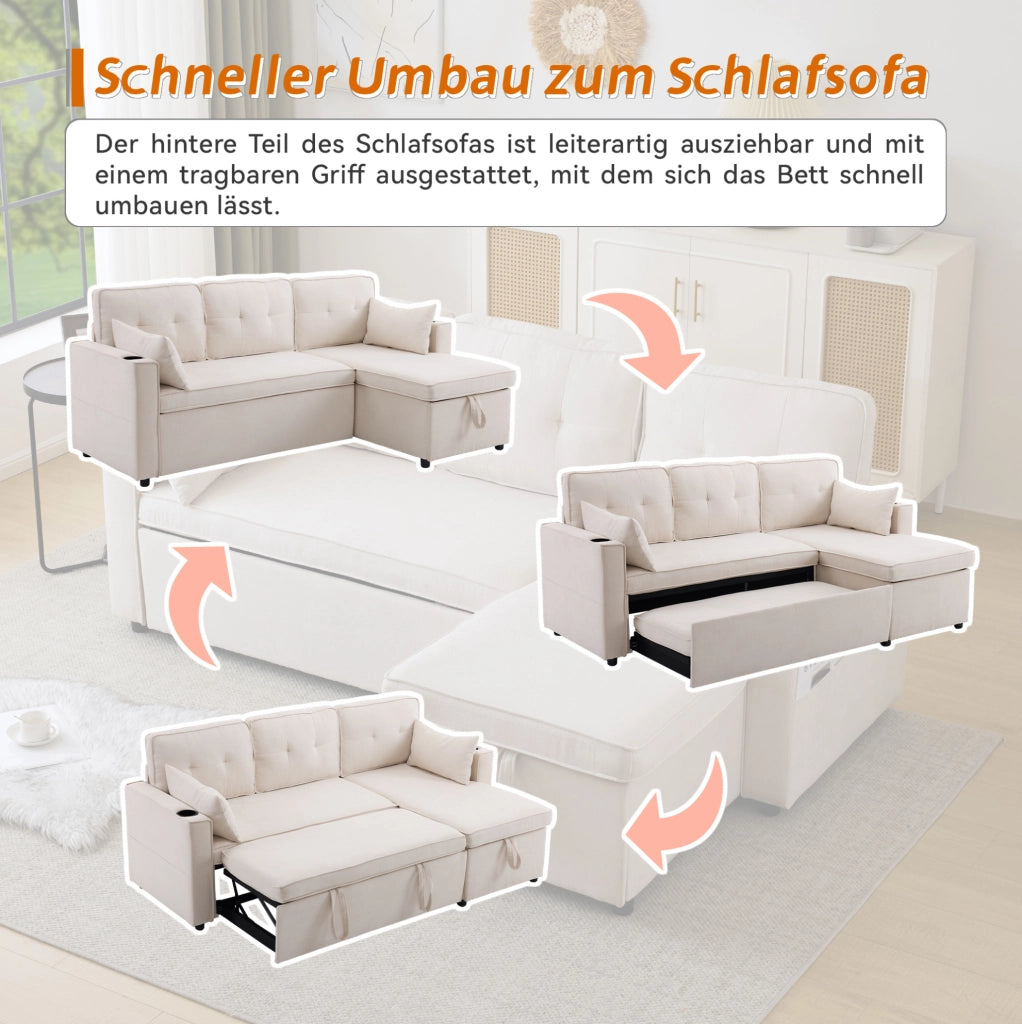 DIVANO LETTO Angolare 211x130x86 cm Beige in Cotone e Lino con Contenitore