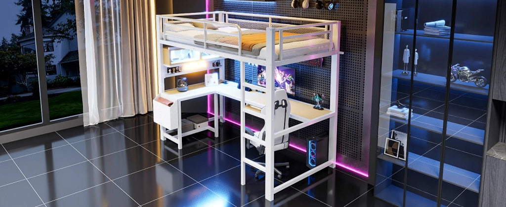 DESMIU Lit mezzanine 90 × 200 cm con scrivania, ripiani, LED, prese e USB, senza materasso, bianco