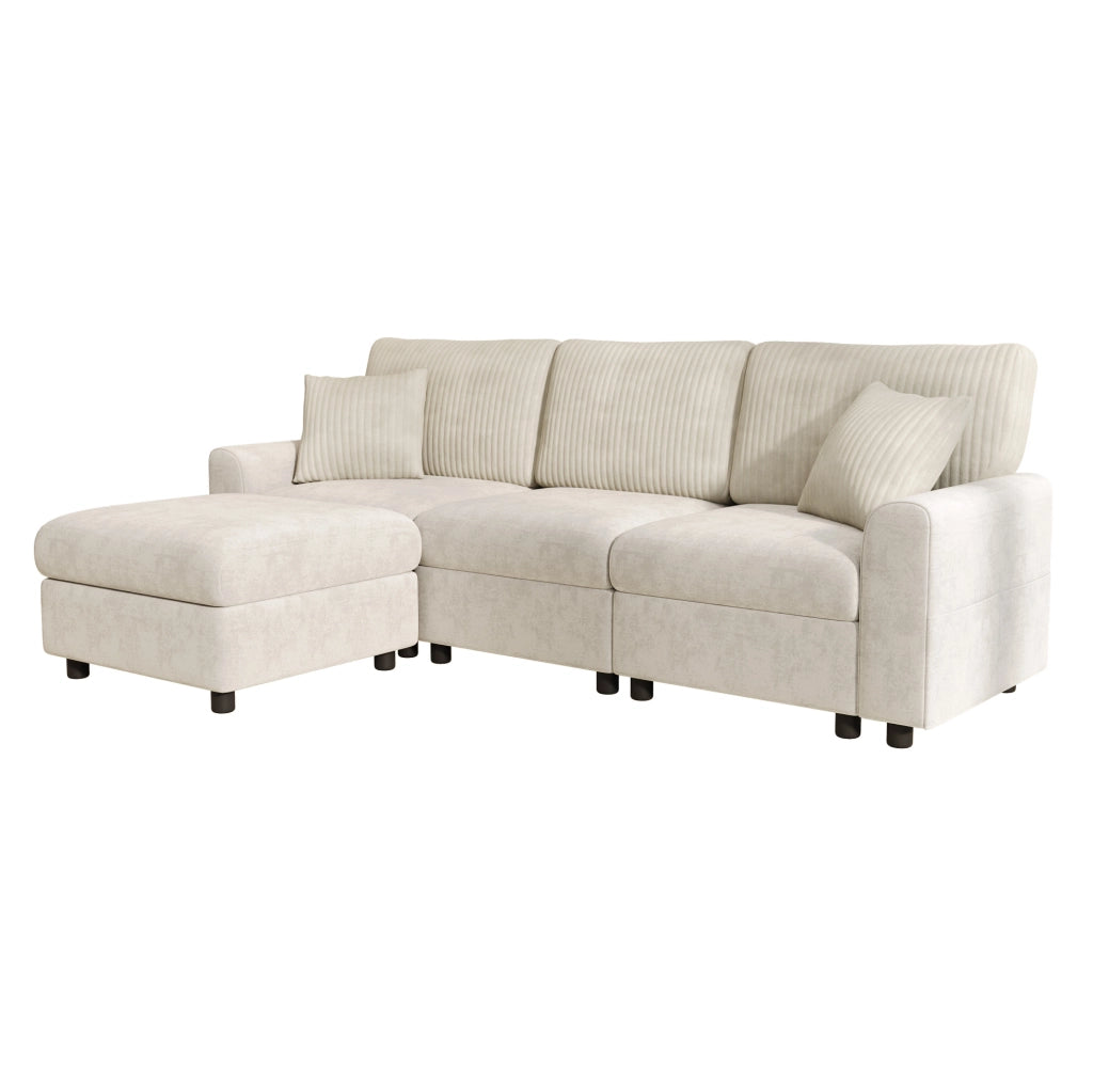 Divano in ciniglia e velluto a coste con poggiapiedi; USB e Type-C; beige; 223×146×84 cm