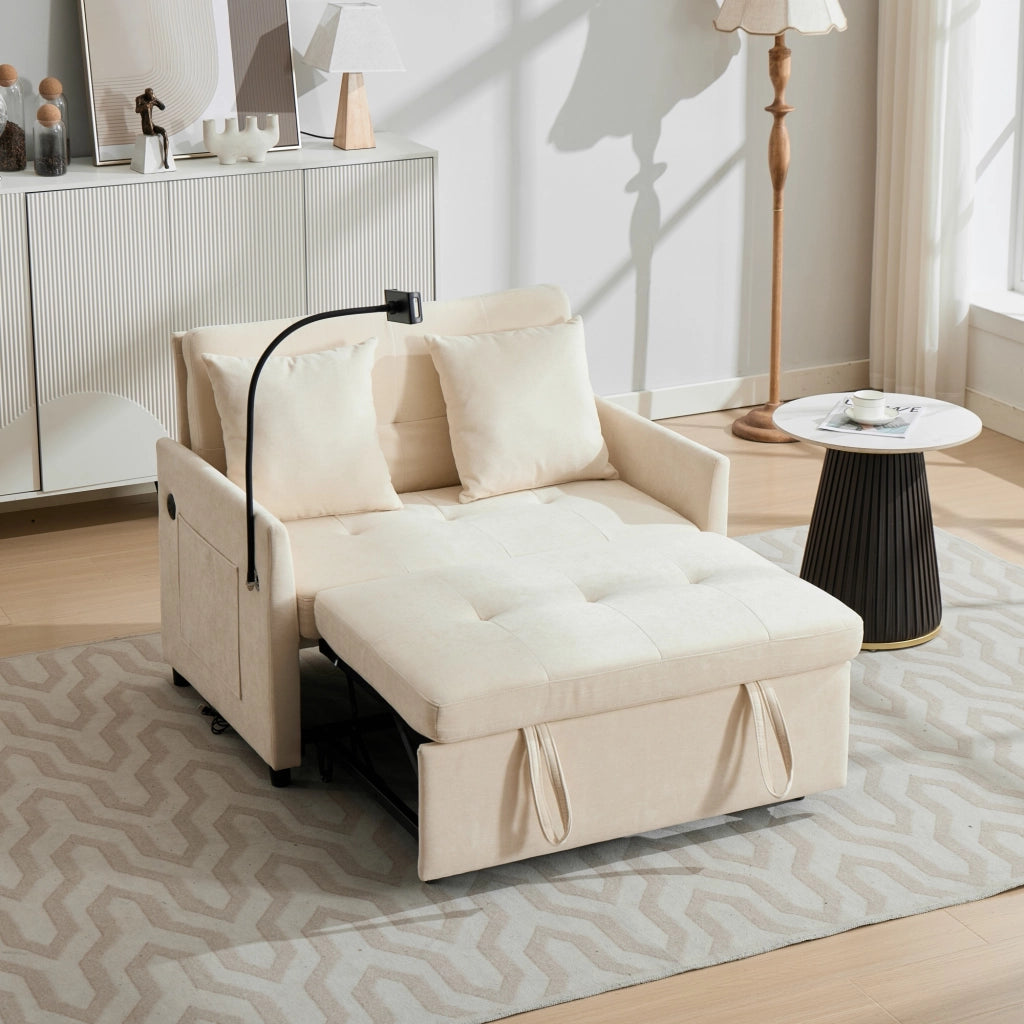 Divano letto multifunzione con porta USB e supporto tablet in tessuto lino spazzolato beige 109 × 72 × 83,5 cm