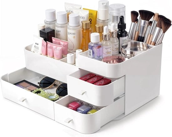 Organizzatore di Cosmetici Grande Bianco con più compartimenti e 3 ante - Vetrina per Prodotti di Bellezza, Lacche per Unghie e Cura della Pelle