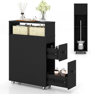 Mobile Bagno 50 x 19 x 72 cm, Arredo Salvaspazio con 2 Cassetti, 2 Cesti in Rattan, Ruote e Ripiani, Armadietto Stretto per Spazi Ridotti, Salotto e Cucina (Nero)