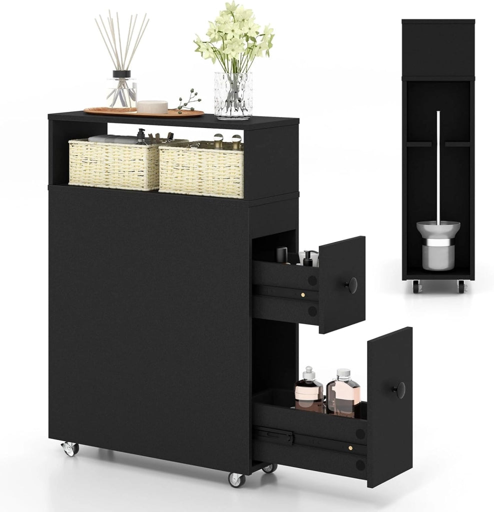 Mobile Bagno 50 x 19 x 72 cm, Arredo Salvaspazio con 2 Cassetti, 2 Cesti in Rattan, Ruote e Ripiani, Armadietto Stretto per Spazi Ridotti, Salotto e Cucina (Nero)
