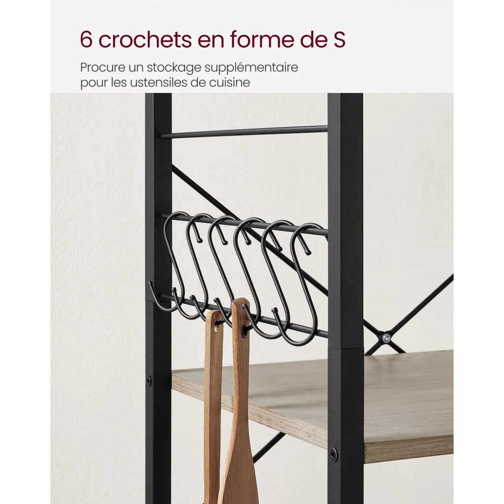 Scaffale da cucina carrello da portata ripiano a 3 ripiani per microonde mini forno tostapane struttura in metallo con 6 ganci stile industriale grigio 12_0005675