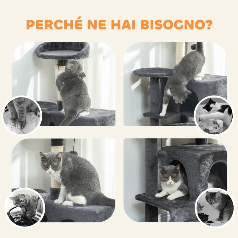 ALBERO PER GATTI ALTO 140 CM CON 2 CASETTE, LETTINO E AMACA PER 2-3 GATTI, RIVESTIMENTO PELUCHE, GRIGIO