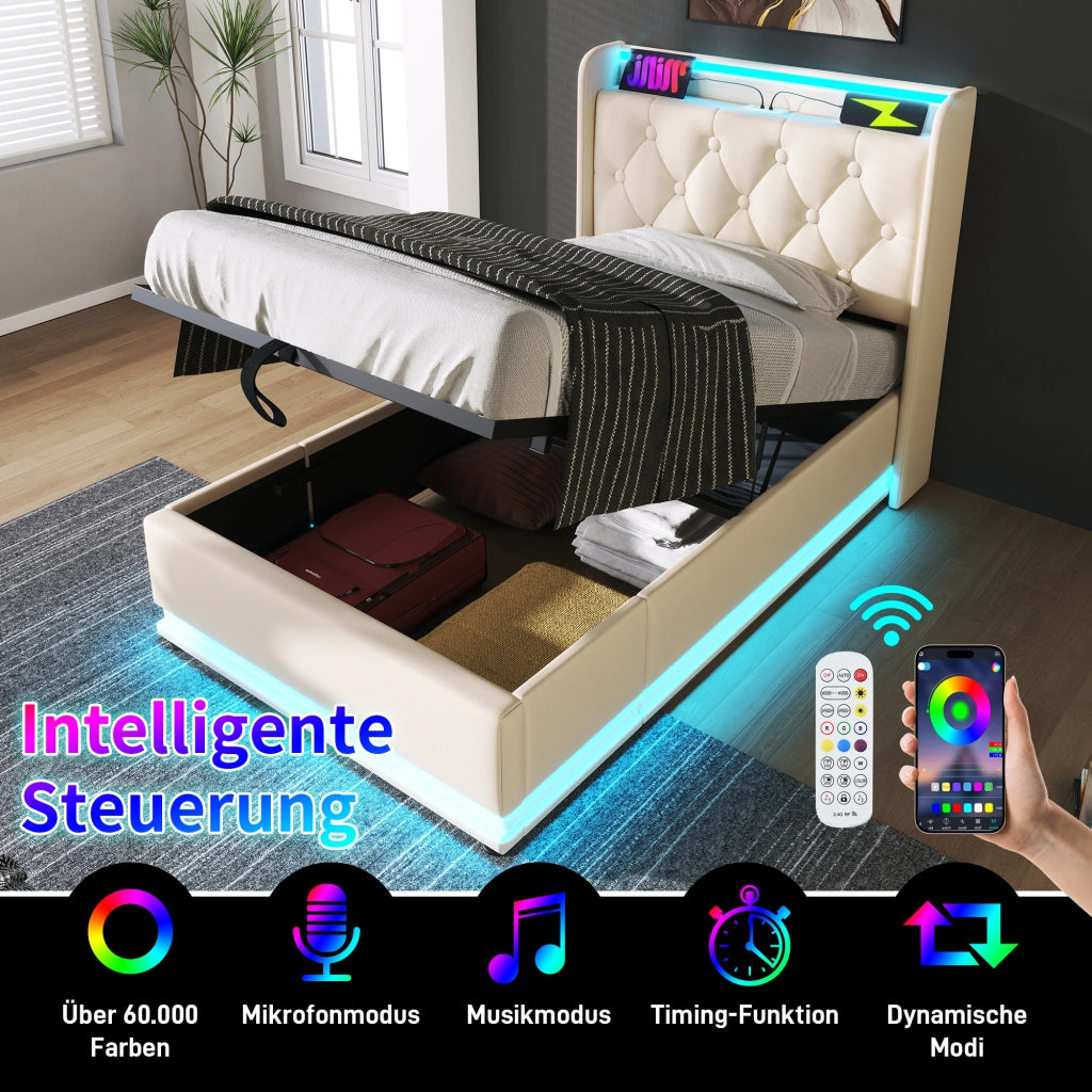 LETTO 90x200 cm con LED, USB Tipo-C, PU bianco, contenitore idraulico