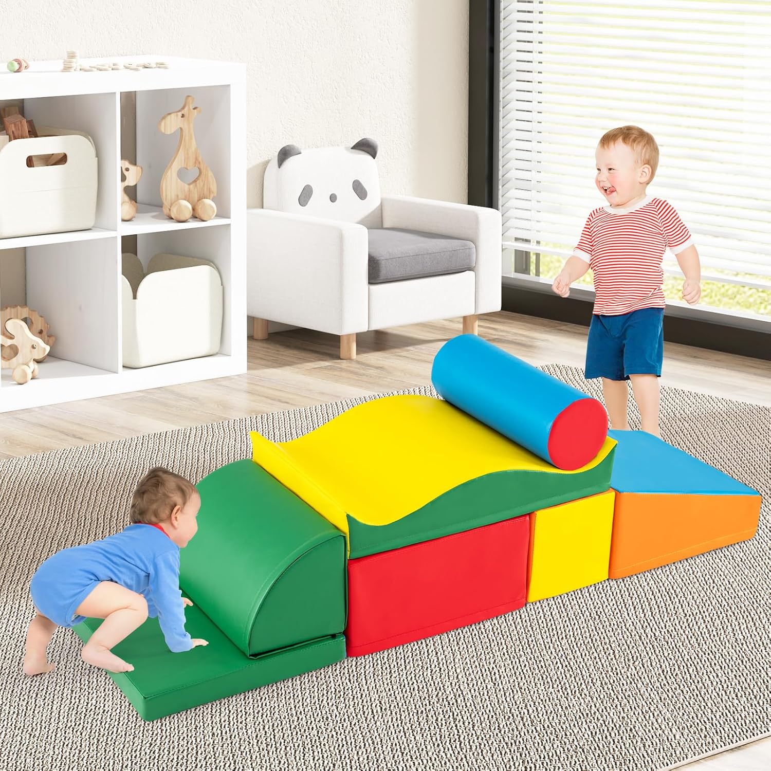 Set 7 Blocchi in Schiuma per Bambini, Set Gioco da Arrampicata con Rivestimento Rimovibile in Pelle Artificiale, Blocchi di Costruzione Morbidi per Bambini da Interno, Multi-Colore