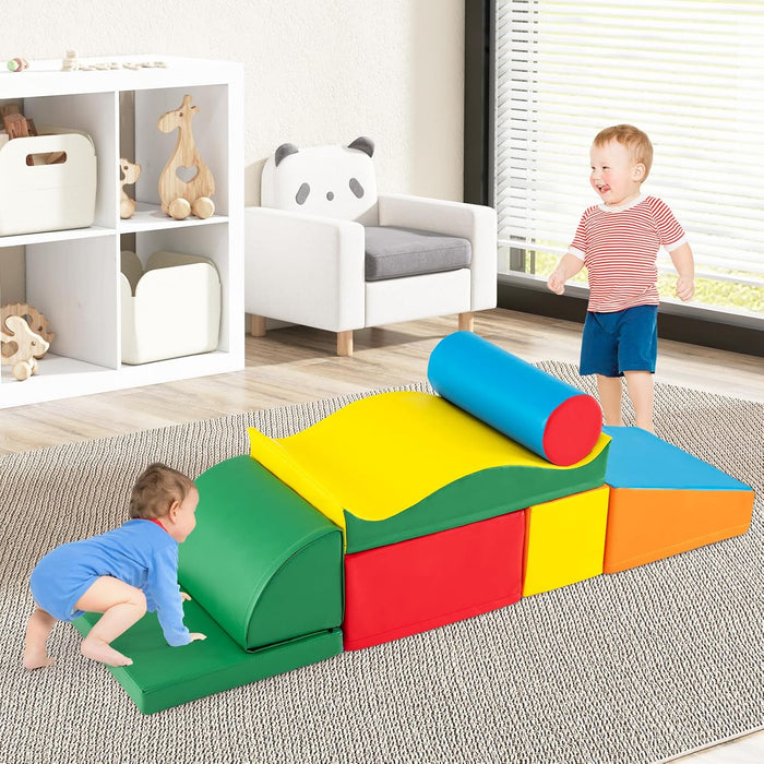 Set 7 Blocchi in Schiuma per Bambini, Set Gioco da Arrampicata con Rivestimento Rimovibile in Pelle Artificiale, Blocchi di Costruzione Morbidi per Bambini da Interno, Multi-Colore
