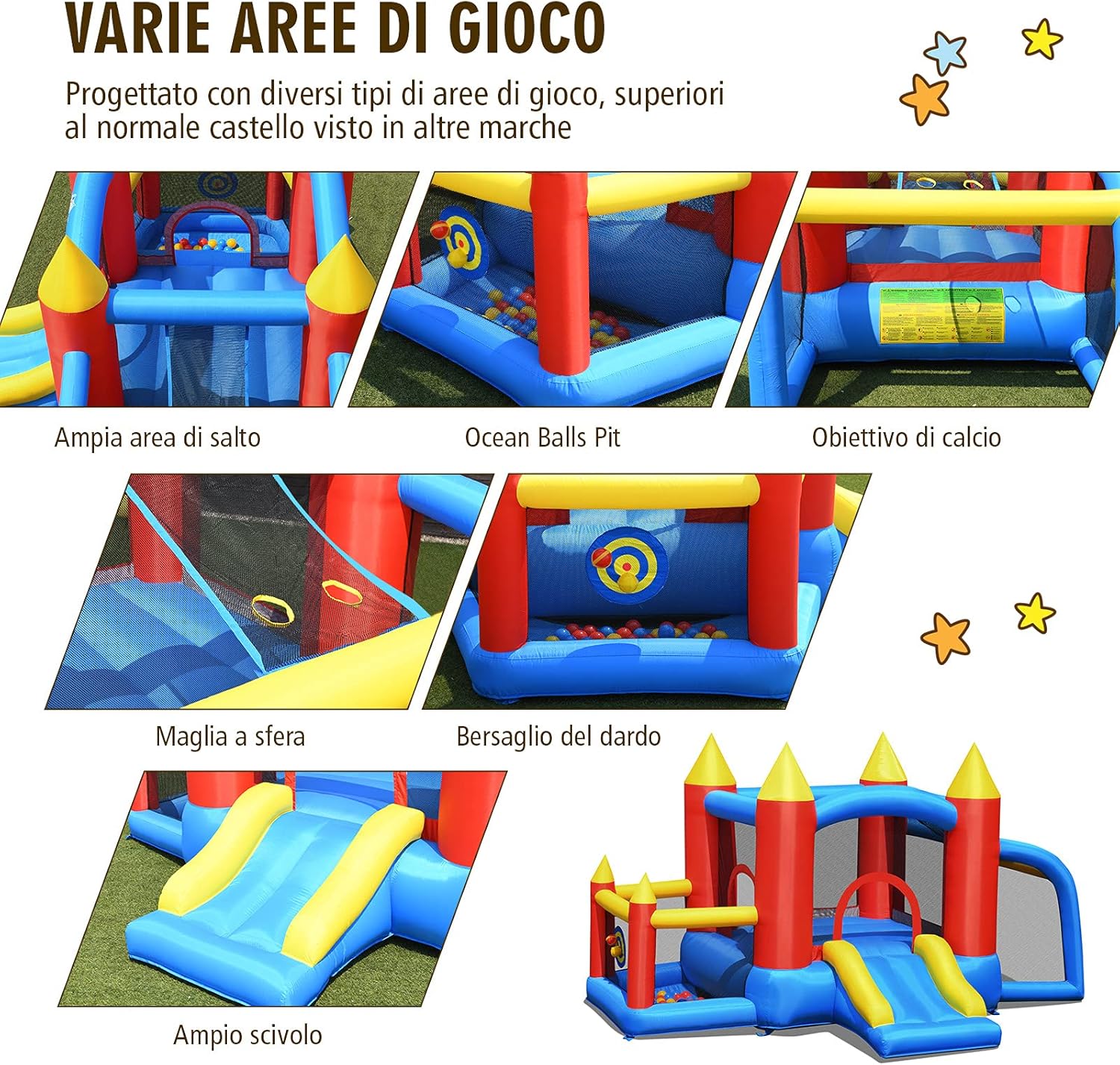 Castello Gonfiabile per Bambini, con Scivolo, 60 Palline, Borsa di Trasporto e Kit di Riparazione, per 4 Bambini 3-10 Anni, Soffiatore Incluso, Regalo Perfetto per Bambini