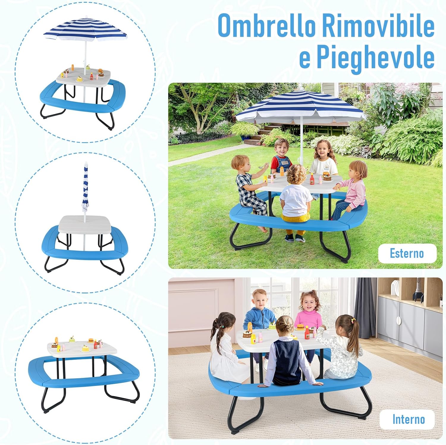 Tavolo da Picnic per Bambini con 8 Posti 125 × 125 × 100-160 cm, Tavolino Bambini in HDPE con Ombrellone Regolabile e Pieghevole, Struttura in Metallo e 4 Panchine (tavolo bianco)