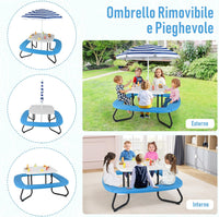 Tavolo da Picnic per Bambini con 8 Posti 125 × 125 × 100-160 cm, Tavolino Bambini in HDPE con Ombrellone Regolabile e Pieghevole, Struttura in Metallo e 4 Panchine (tavolo bianco)