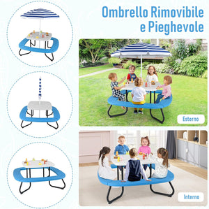 Tavolo da Picnic per Bambini con 8 Posti 125 × 125 × 100-160 cm, Tavolino Bambini in HDPE con Ombrellone Regolabile e Pieghevole, Struttura in Metallo e 4 Panchine (tavolo bianco)