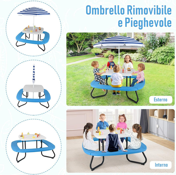 Tavolo da Picnic per Bambini con 8 Posti 125 × 125 × 100-160 cm, Tavolino Bambini in HDPE con Ombrellone Regolabile e Pieghevole, Struttura in Metallo e 4 Panchine (tavolo bianco)