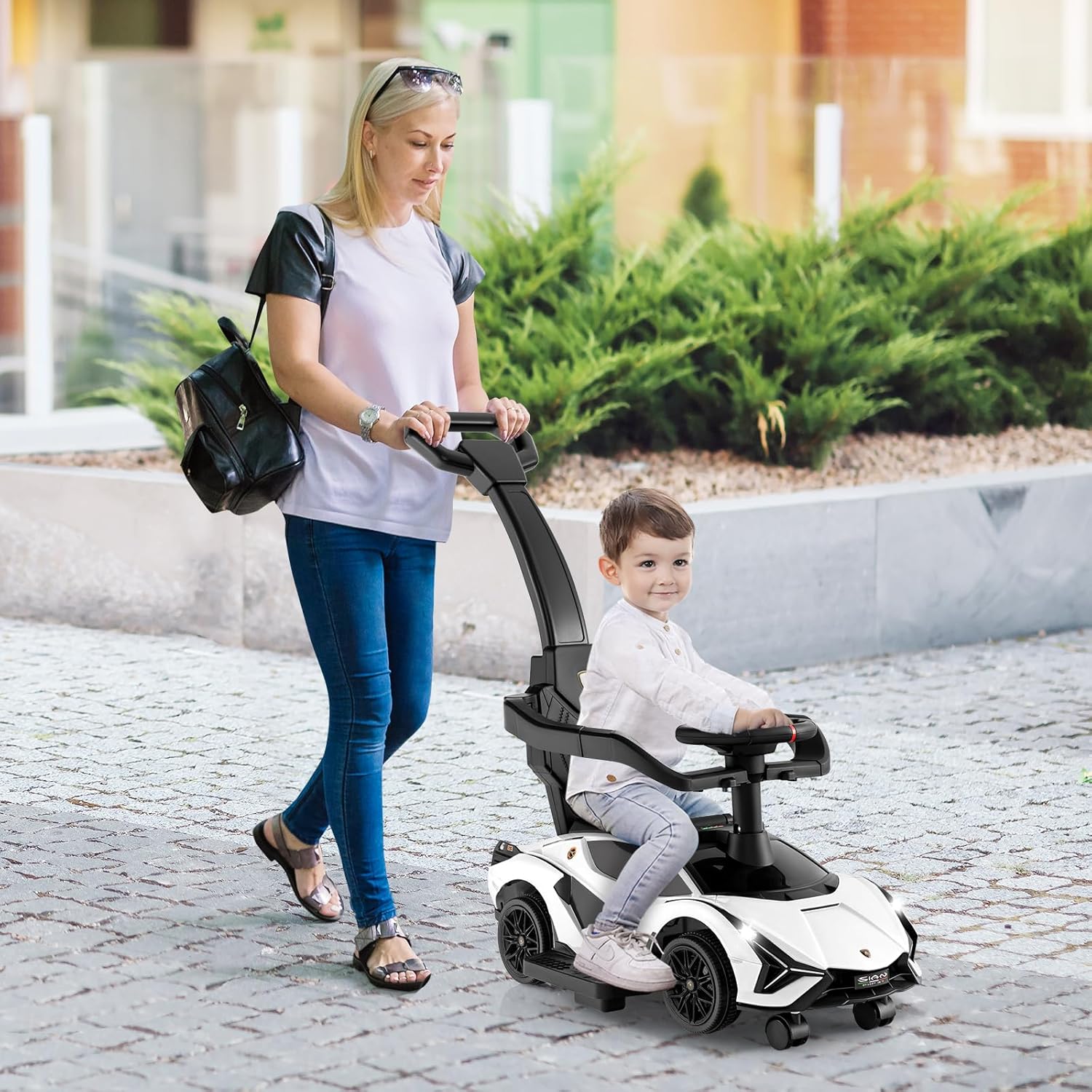 3 in 1 Auto da Spinta, Auto Scorrevole con Paracolpi e Manubrio Rimovibili Musica e Fari, Spazio di Stoccaggio Nascosto e Ruote Universali Staccabili, Bambini 18-24 Mesi (Bianco)