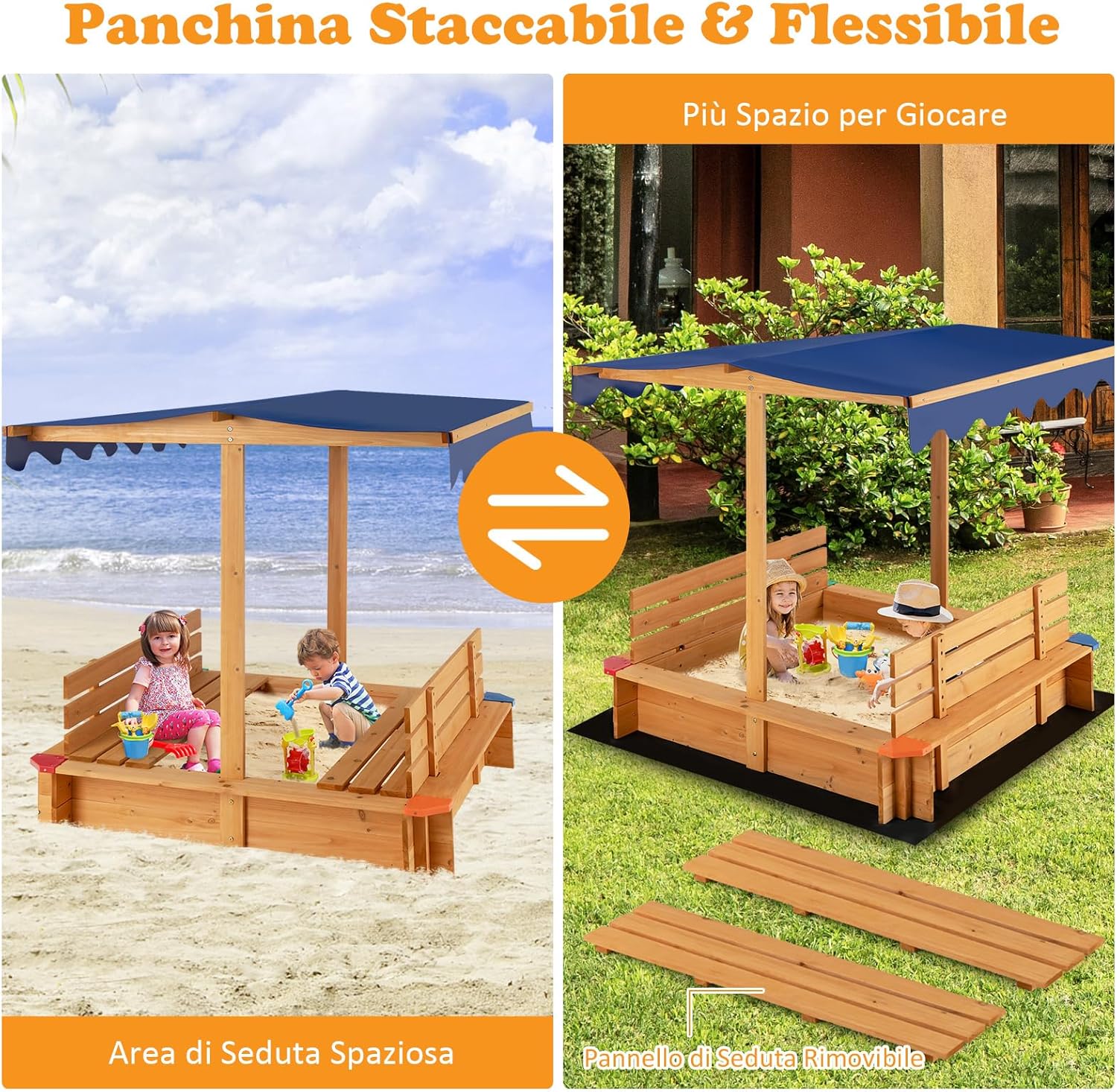 Sabbiera per Bambini in Legno con Tendina, Senza Fondo con 2 Panche Convertibili e Angoli Protettivi, Adatto per Cortile Prato Giardino Spiaggia, 121x121x121 cm