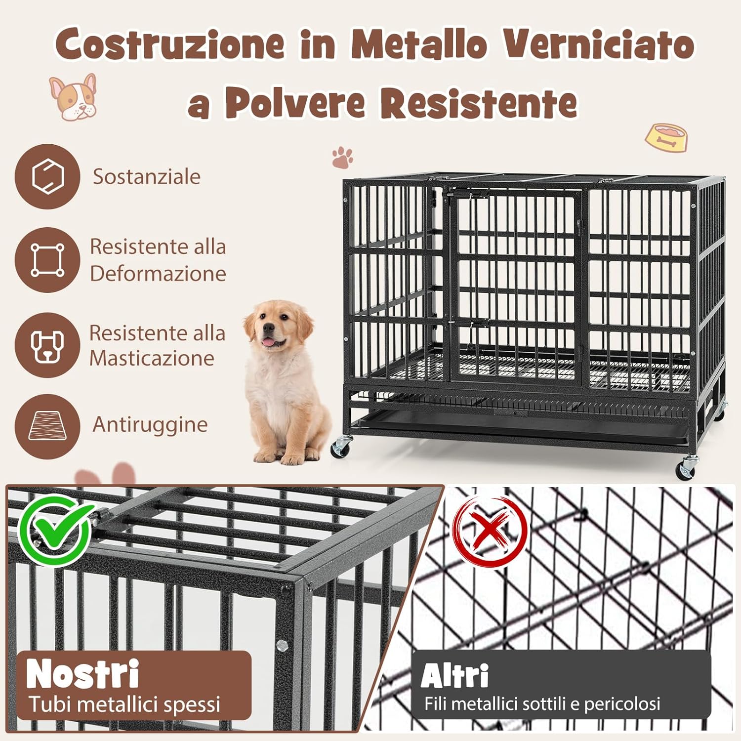 Gabbia per Cani in Metallo Pieghevole, Gabbia per Cani Anti-masticazione con Ruote, Vassoio Rimovibile e 2 Porte, Gabbia da Interno ed Esterno per Cani Media e Grande (96 x 65 x 77 cm)