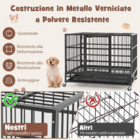 Gabbia per Cani in Metallo Pieghevole, Gabbia per Cani Anti-masticazione con Ruote, Vassoio Rimovibile e 2 Porte, Gabbia da Interno ed Esterno per Cani Media e Grande (96 x 65 x 77 cm)