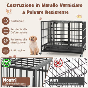 Gabbia per Cani in Metallo Pieghevole, Gabbia per Cani Anti-masticazione con Ruote, Vassoio Rimovibile e 2 Porte, Gabbia da Interno ed Esterno per Cani Media e Grande (96 x 65 x 77 cm)
