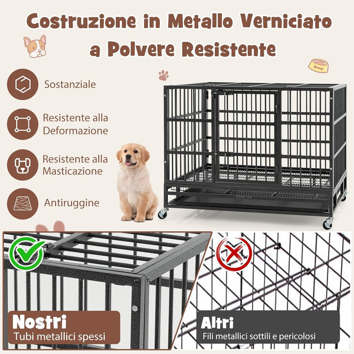 Gabbia per Cani in Metallo Pieghevole, Gabbia per Cani Anti-masticazione con Ruote, Vassoio Rimovibile e 2 Porte, Gabbia da Interno ed Esterno per Cani Media e Grande (96 x 65 x 77 cm)