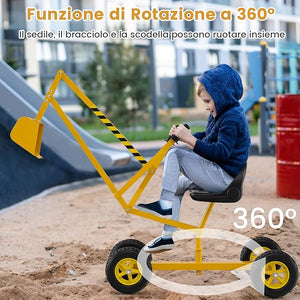 Escavatore per Bambini, Scavatore per Sabbiera con Comandi a 2 Mani e Pala Flessibile, Sedile Rotante a 360°, 4 Ruote, Ideale per Bambini 3 Anni+ (con Ruote Giallo)