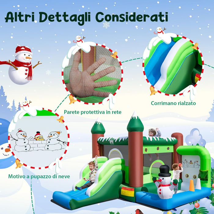 Castello Gonfiabile con Pupazzo di Neve, Gioco Gonfiabile per Bambini con Scivolo, Piscina di Palline, Basket, Gonfiabile con Pupazzo di Neve e Ventilatore da 735W, 380 x 340 x 245 cm