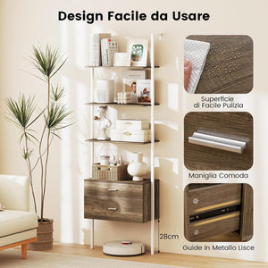 Libreria a Scala 184 cm, Scaffale da Parete a 6 Ripiani con 2 Cassetti e Struttura in Metallo, Ripiano Espositivo Aperto Moderno per Soggiorno Studio Ufficio, 60 x 30 x 184 cm (Naturale)