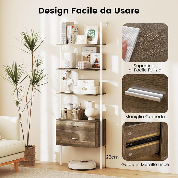 Libreria a Scala 184 cm, Scaffale da Parete a 6 Ripiani con 2 Cassetti e Struttura in Metallo, Ripiano Espositivo Aperto Moderno per Soggiorno Studio Ufficio, 60 x 30 x 184 cm (Naturale)