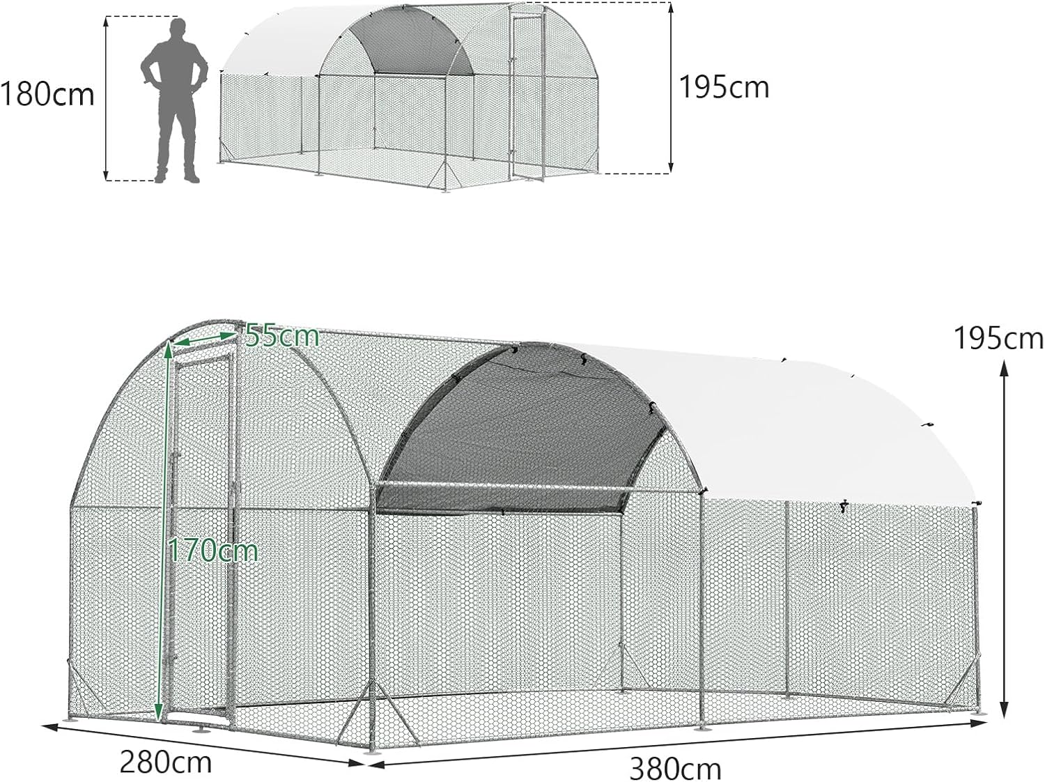 Pollaio per Galline da Esterno, Recinto per Polli in Metallo Zincato con Copertura in PE, Abitazione a Forma di Cupola per Anatre e Conigli per Cortile e Fattoria