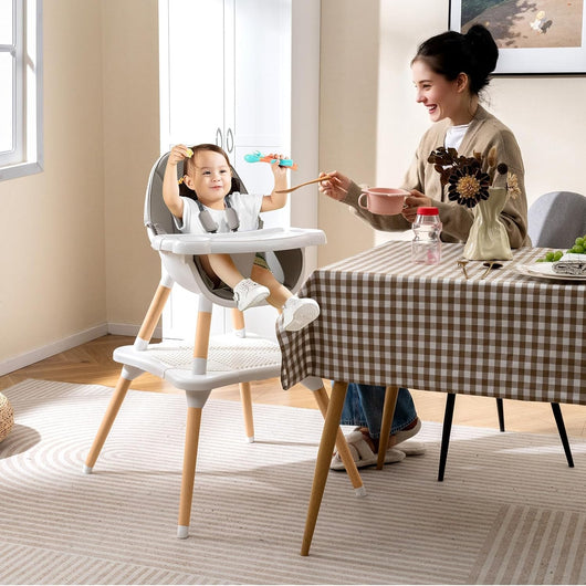 6-in-1 Seggiolone per Neonati, Seggiolone Prima Pappa, Tavolo e Sedia Convertibile per Bambini, Imbracatura di Sicurezza, Vassoio Rimovibile, per Bambini 6-36 Mesi (Grigio+Bianco)