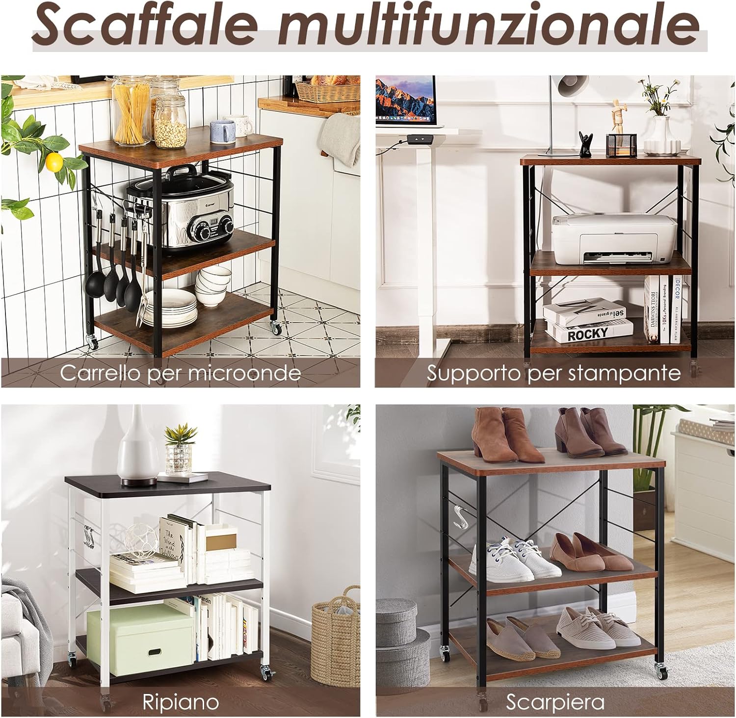 Carrello da Cucina con 10 Ganci Rimovibili, Scaffale per Pasticceria con 3 Livelli, Scaffale con Struttura di Metallo con Ruote Bloccabili per Bar Ristorante Hotel, 60 x 40 x 73,5 cm (Marrone)