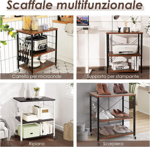 Carrello da Cucina con 10 Ganci Rimovibili, Scaffale per Pasticceria con 3 Livelli, Scaffale con Struttura di Metallo con Ruote Bloccabili per Bar Ristorante Hotel, 60 x 40 x 73,5 cm (Marrone)