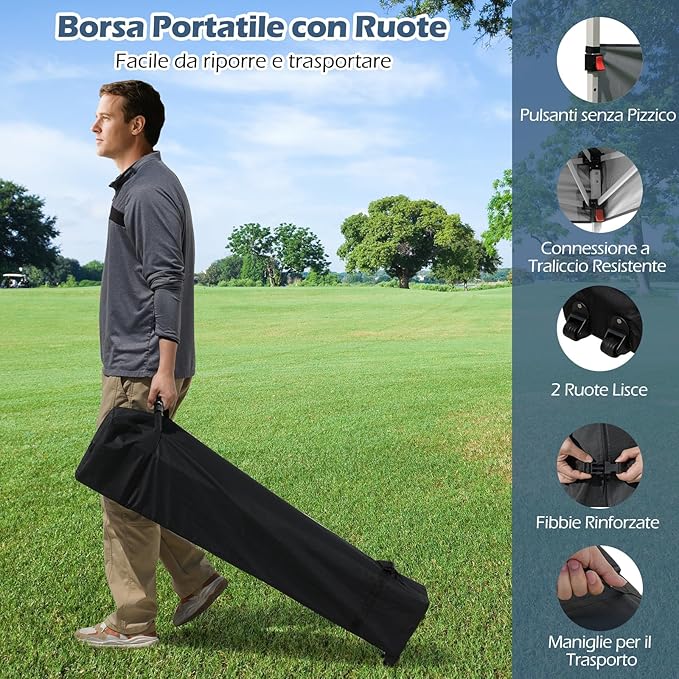 Gazebo Pieghevole 3 x 3 m da Esterno Impermeabile, Gazebo da Esterno con Borsa da Trasporto con Ruote, Tenda Pop-up Regolabile in Altezza per Giardino, Spiaggia, Feste e Barbecue (Grigio)