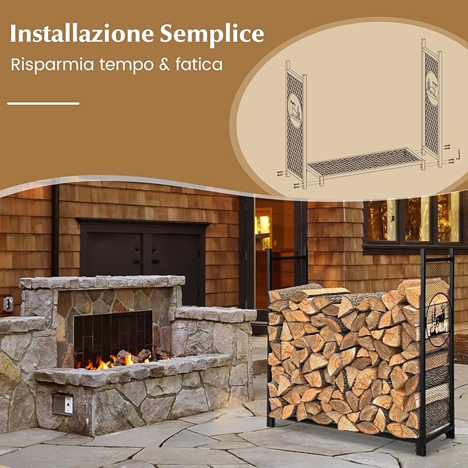 Porta Legna 121 x 38 x 117 CM, Scaffale per Legna Rosbuto con Lati a Rete, Motivi Cervo e Albero, Portalegna da Ardere per Interni ed Esterni, Nero