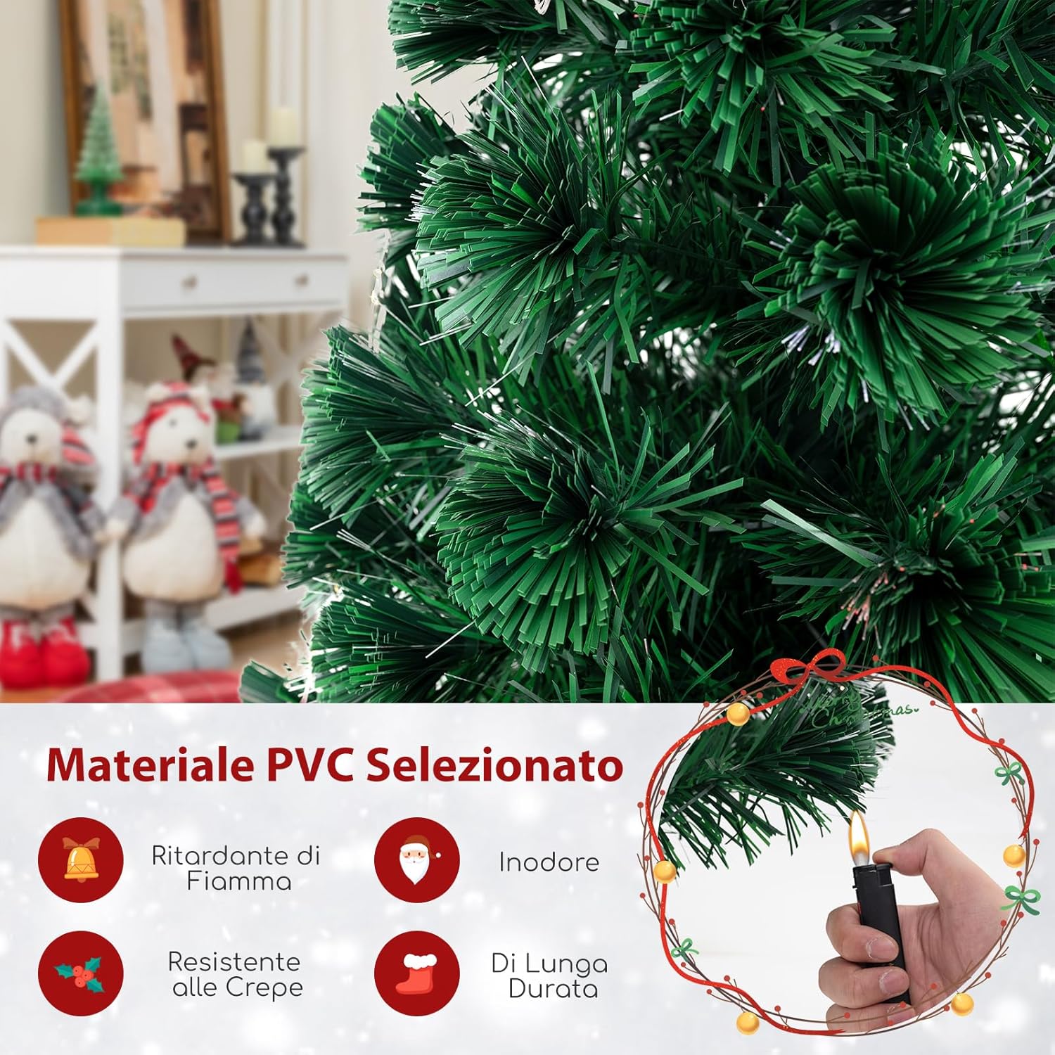 Albero di Natale in Fibra Ottica 150/180 cm, Albero di Natale Artificiale Pre-illuminato con 24/36 Luci a Stringa, Stella sulla Cima e 170/230 Punte dei Rami, Decorazione per Feste (180 CM)