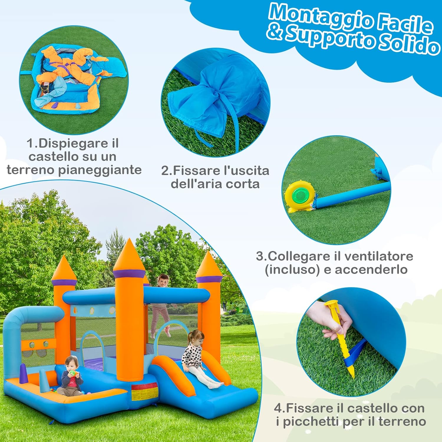 Castello Gonfiabile 5 in 1 con Soffiatore 735W, Casa Gonfiabile per Bambini con Scivolo, Trampolino, Piscina e 50 Palline, Lancio di Anelli e di Palline, Canestro da Basket, 337x325x256 cm