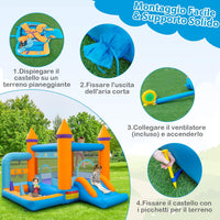 Castello Gonfiabile 5 in 1 con Soffiatore 735W, Casa Gonfiabile per Bambini con Scivolo, Trampolino, Piscina e 50 Palline, Lancio di Anelli e di Palline, Canestro da Basket, 337x325x256 cm