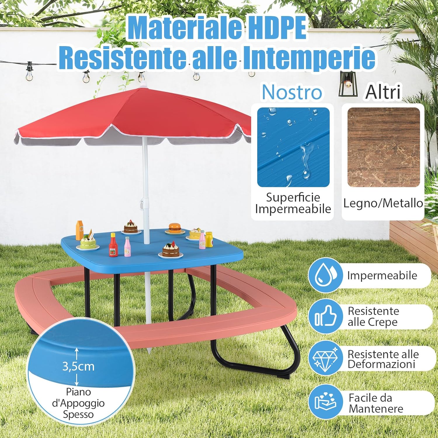 Tavolo da Picnic per Bambini con 8 Posti 125 × 125 × 100-160 cm, Tavolino Bambini in HDPE con Ombrellone Regolabile e Pieghevole, Struttura in Metallo e 4 Panchine (tavolo blu)