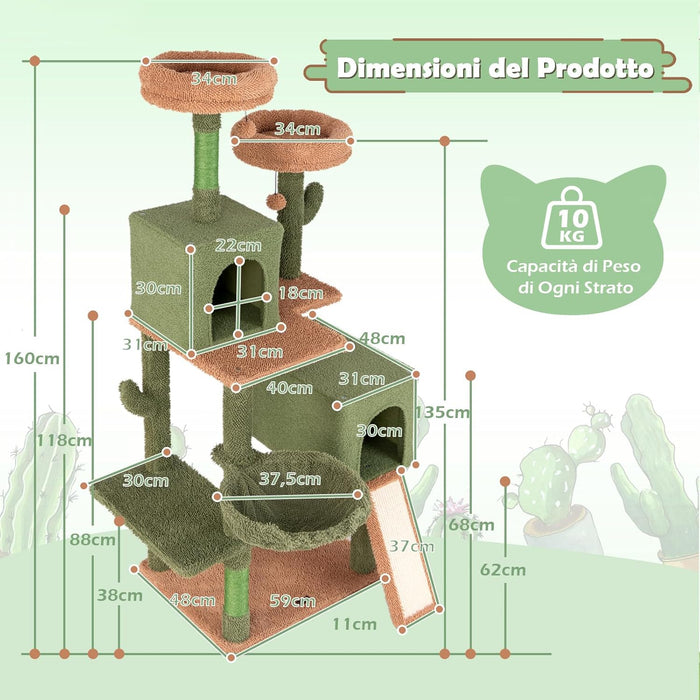 Tiragraffi per Gatti 160 cm, Torre per Gatti con Pali di Graffiatura in Sisal e Scala, Doppi Condomini & Perch in Peluche e Giocattoli Appesi, Albero per Gatti a Cactus per Gattini
