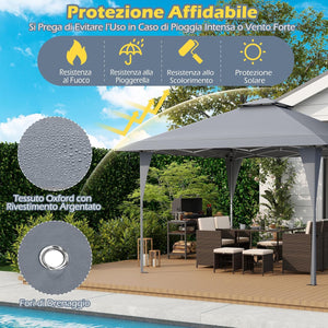 Tenda Pop-up Esterno 4x4 m Doppio Tetto, Gazebo da Giardino Altezza Regolabile con Fori di Drenaggio, Tenda da Giardino Antivento Facile da Montare con Borsa di Trasporto (Grigio)