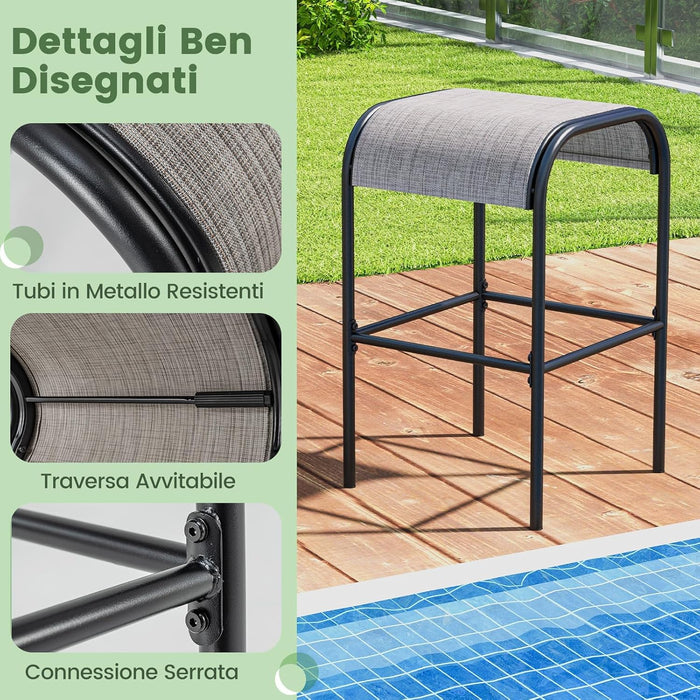 Set di 2 Sgabelli da Giardino,Sgabello da Giardino in Tessuto Texlilene, Sgabello da Bar da 76 cm, con Seduta Curva in Tessuto, Struttura in Metallo, Portata 180 kg, 47 x 47 x 76 cm