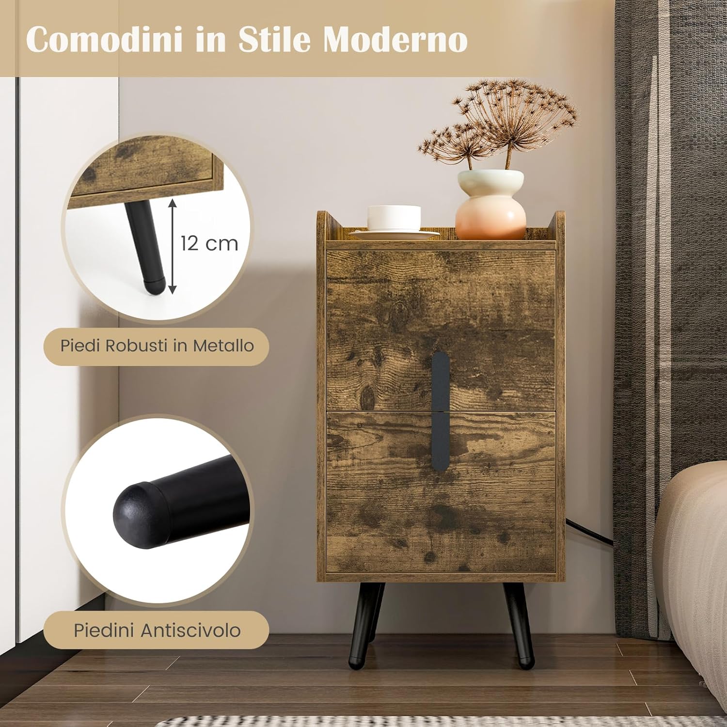 Comodino con Stazione di Ricarica, Comodino con 2 Cassetti, 2 Porte USB e 3 Prese, Tavolino Leterale con Gambe in Metallo, Portata Tolate 20 kg, 32 x 40 x 60 cm (2, Caffè)