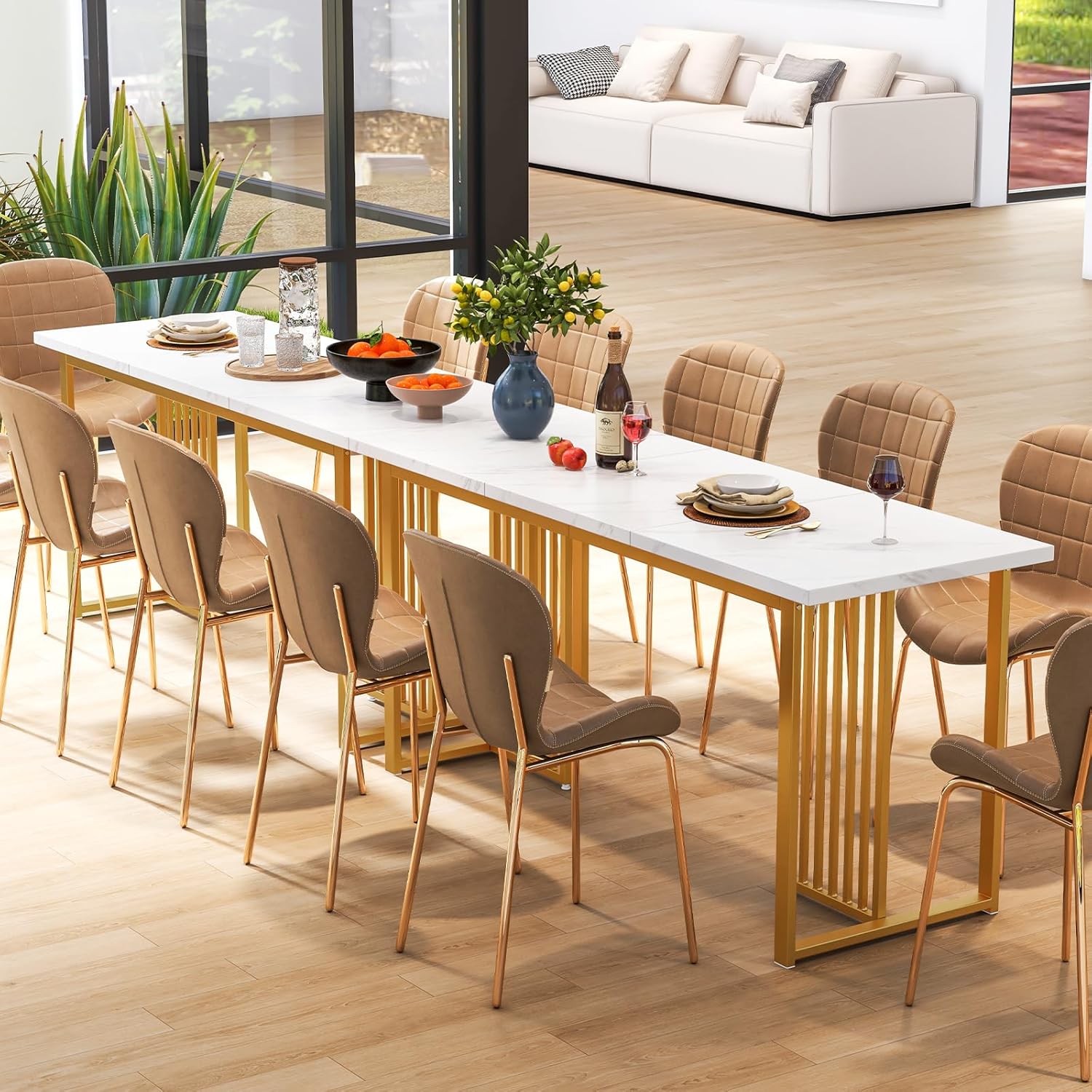 Tavolo da Pranzo, Tavolo Moderno per 6-8 Persone con Piano in Finto Marmo e Gambe in Metallo, Tavolllo Rettangolare da per Sala da Pranzo, Soggiorno e Cucina, 160 x 60 x 76 cm, Bianco e Oro