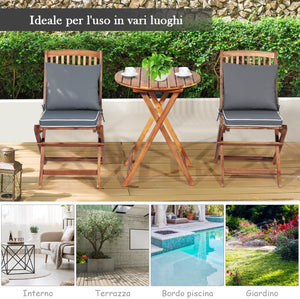 Set Tavolino e Sedie da Girdino Pieghevole, Set da Bistro 3 Pezzi in Legno di Acacia, con Cuscino, Set di Mobili da Esterno, Tavolino Portato 80kg, Sedie Portate 160kg (Cuscino Grigio)
