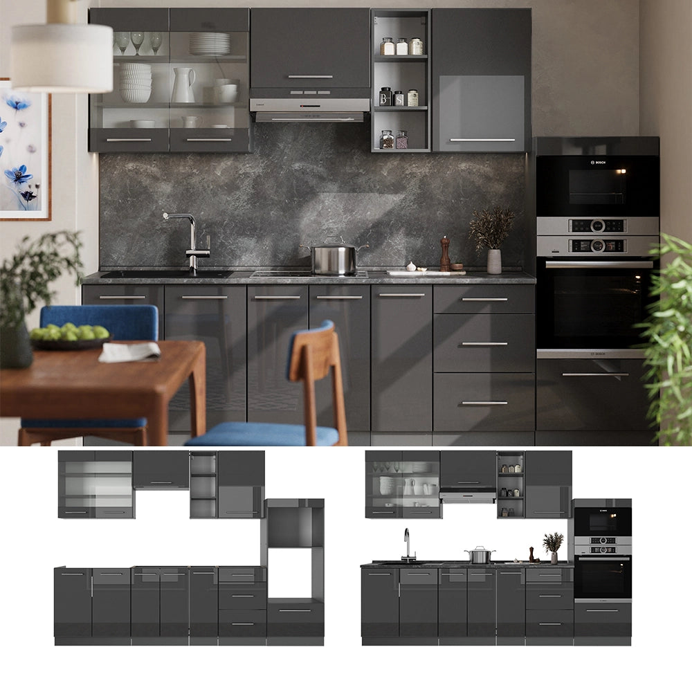 Cucina componibile Fame-Line Antracite lucido/Antracite 280 cm, PL Marmo Vicco