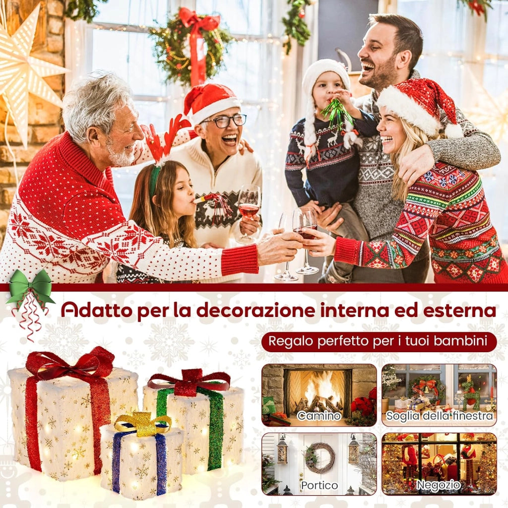 Set di 3 Scatole Regalo Illuminate per Natale, Decorazione Natalizia Pre-illuminata con 48 Luci Calde e Luminose, per Casa e Giardino (Bianco)