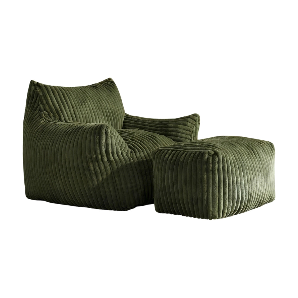 Poltrona ergonomica con pouf coordinato in flanella verde, design salvaspazio per relax